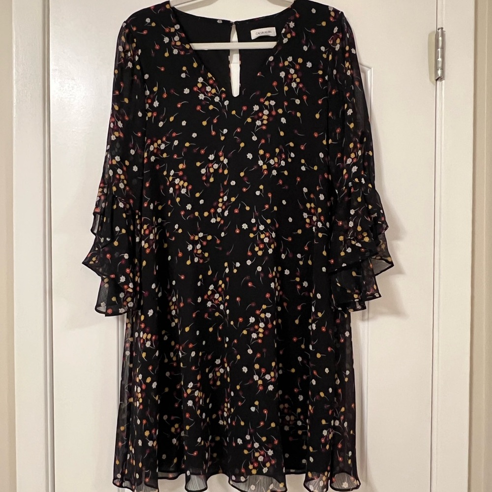 Black Floral Ruffle-Sleeve Dress